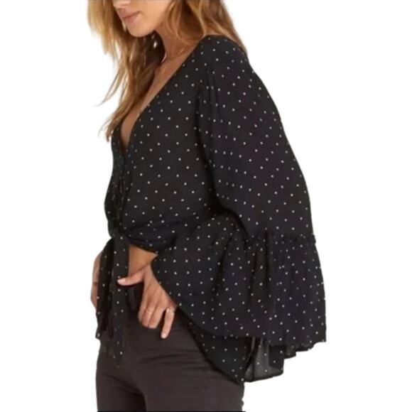 Billabong Lust Wild Blouse Top Flared Sleeve Black Polka Dot Button Down Tie L - Picture 2 of 8